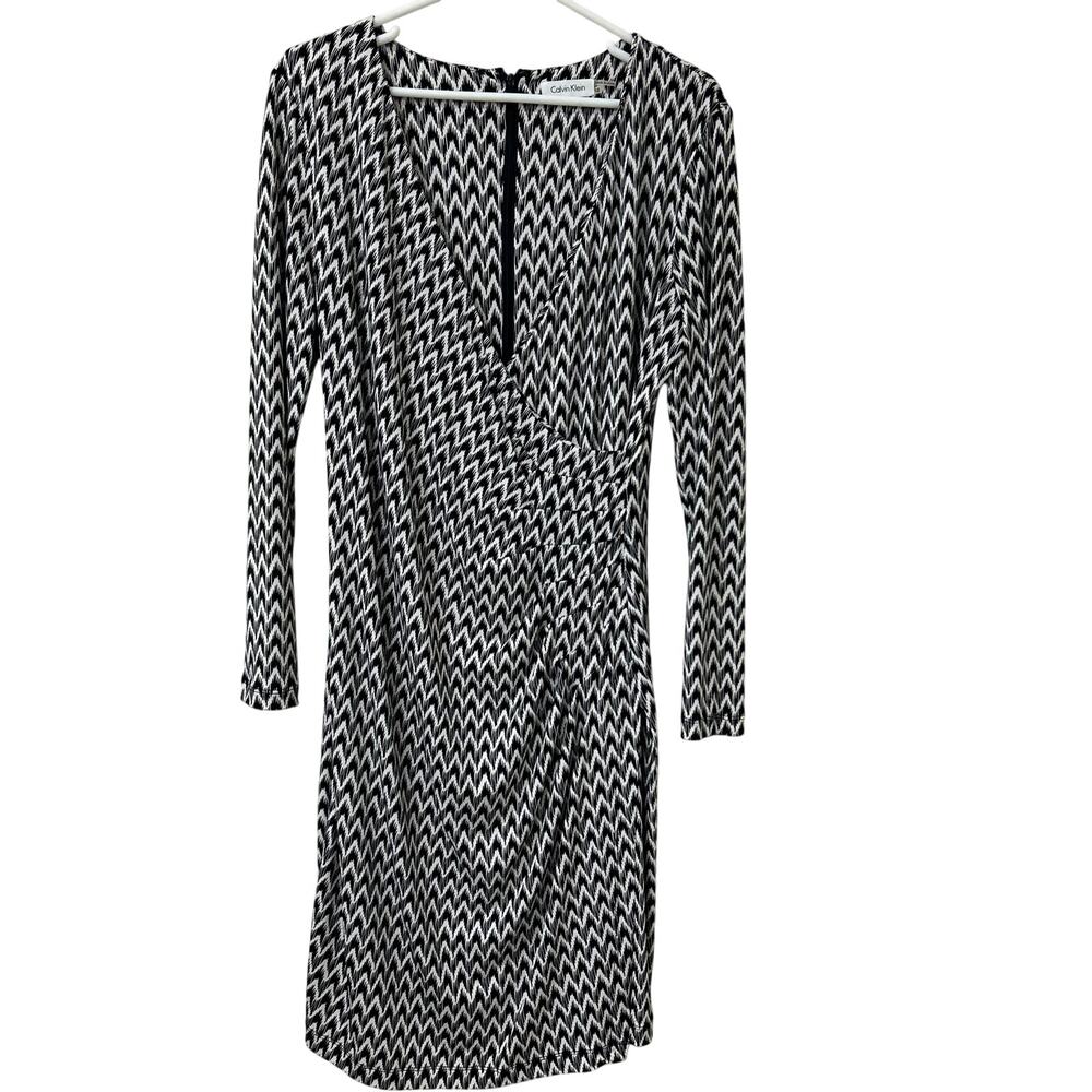 Calvin Klein Womens Size 12 Black & White Geometric Print Faux Wrap Dress Office